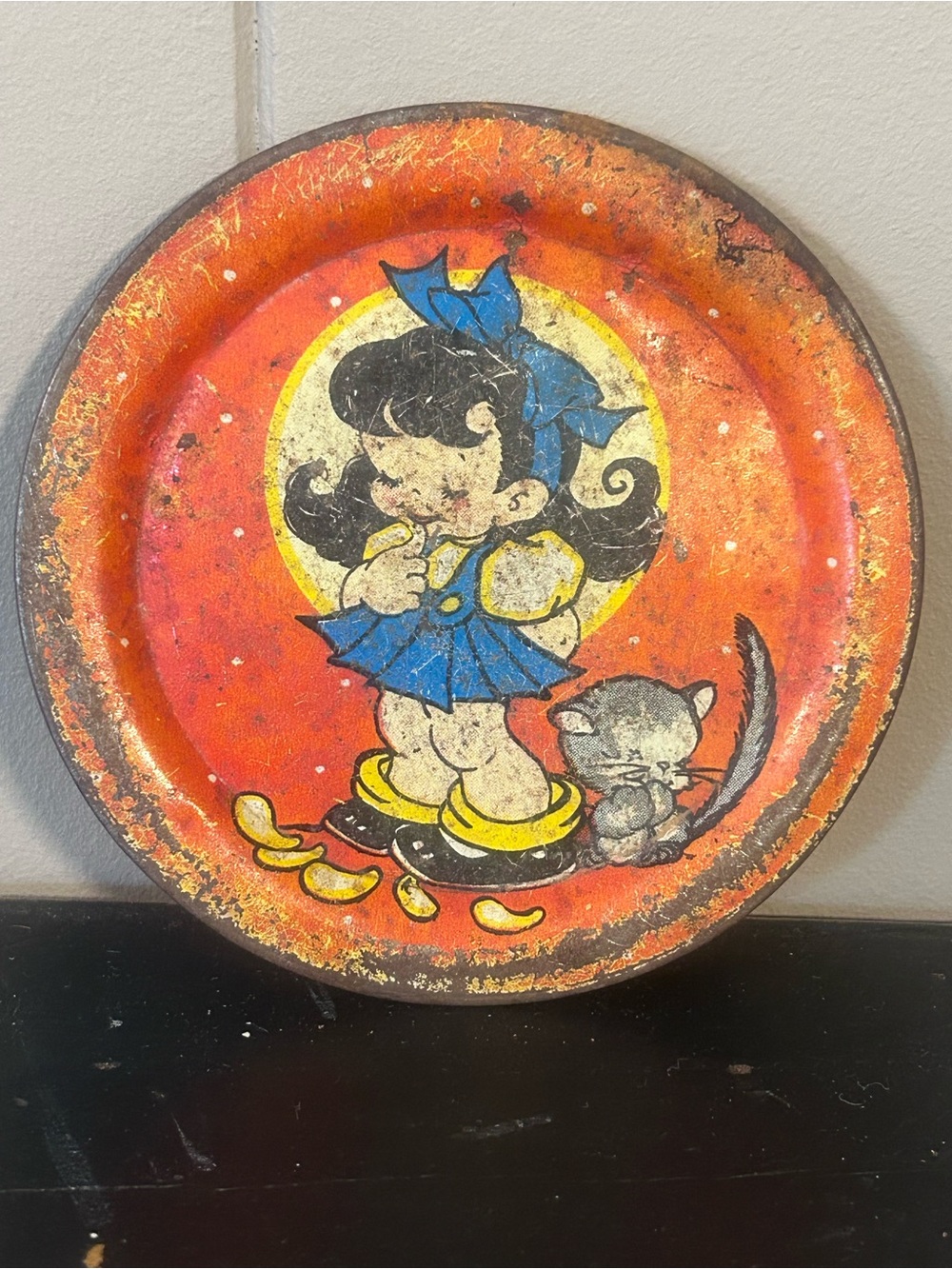 Vintage Tin Litho Ohio Art Toy 4" Plate Kittens Cats Cute Girl IUC